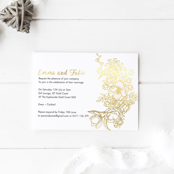 Gold foil hand drawn floral wedding invitation