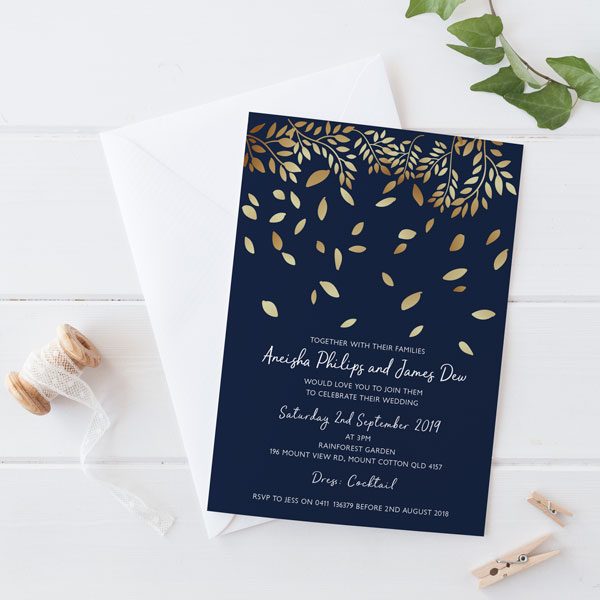 wedding invite with falling leaves